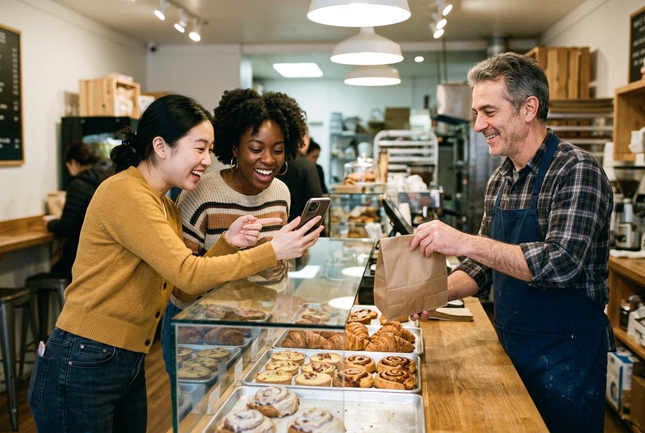 Two friends at a bakery counter