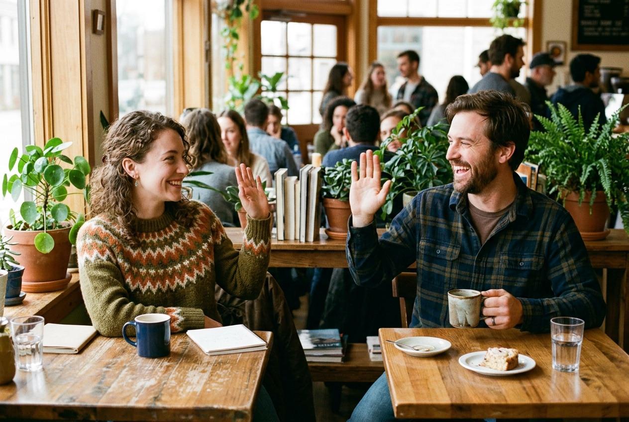 Two people waving at each other across a cafe