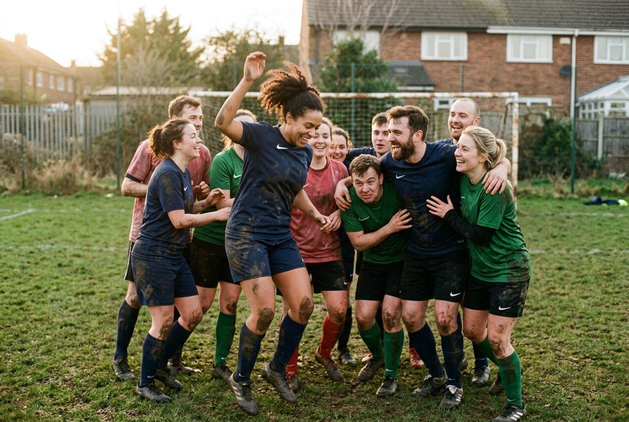 A team laughing together after training