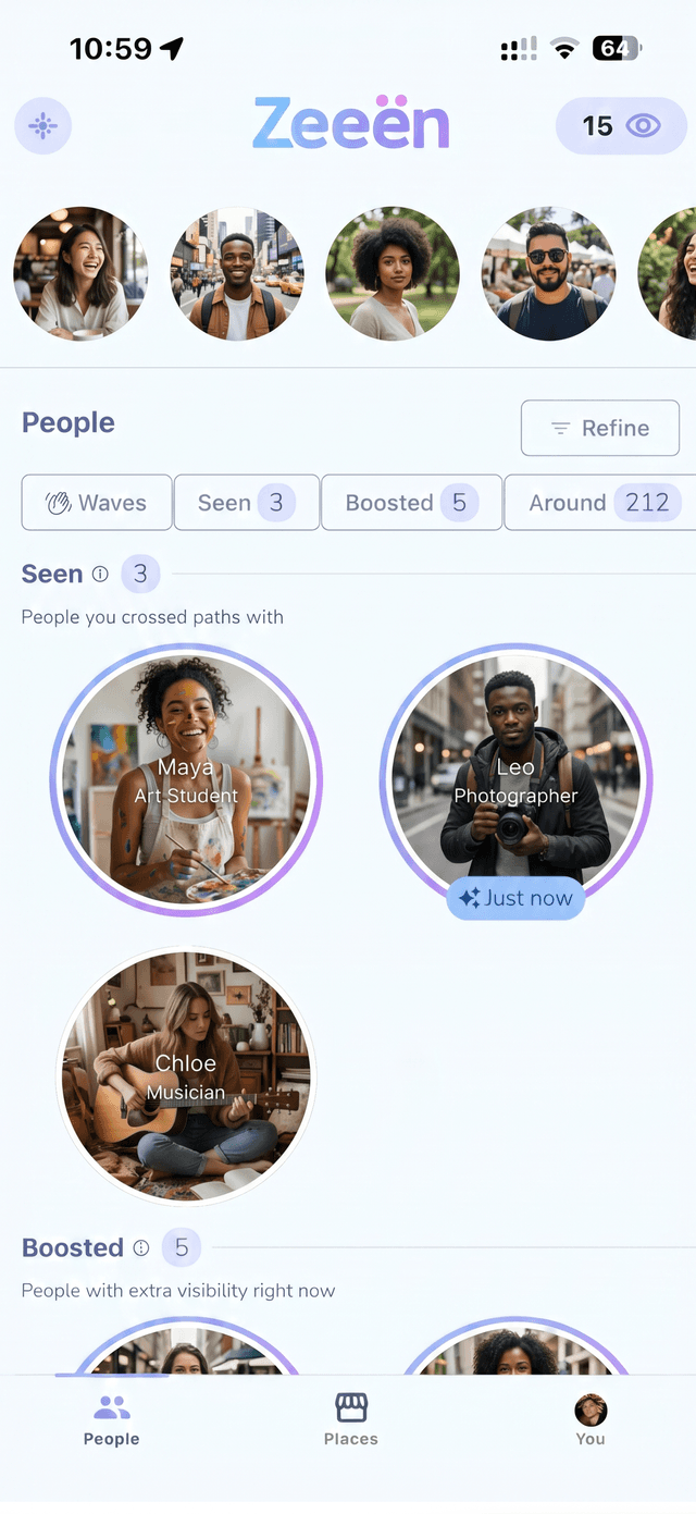 Zeeën app showing nearby people feed