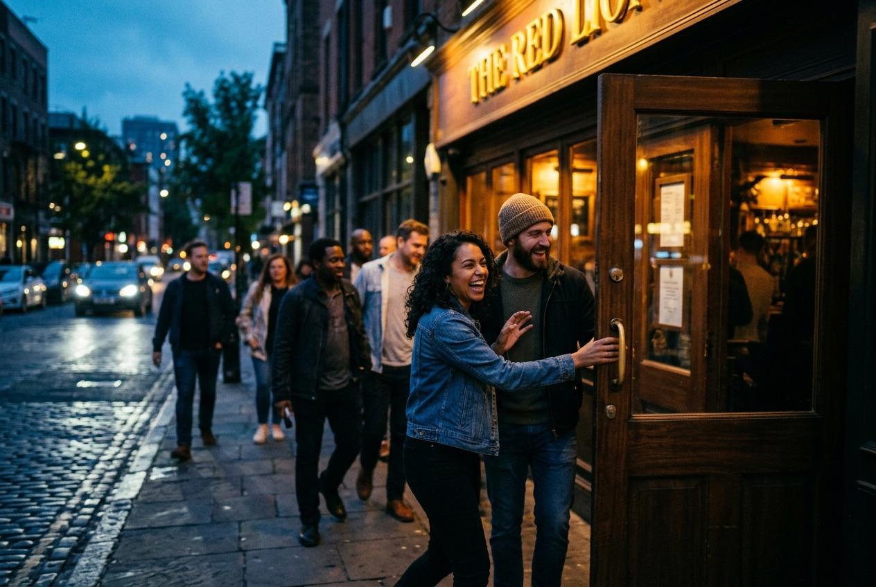 Friends at a bar as the evening lights come on