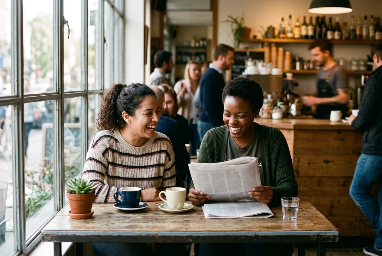 Two friends laughing over a newspaper in a busy cafe