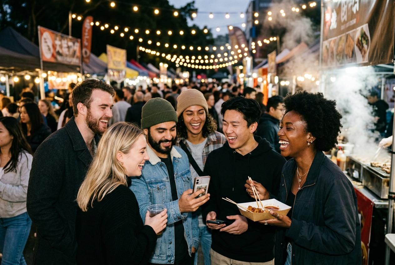 Friends laughing together at a busy night market