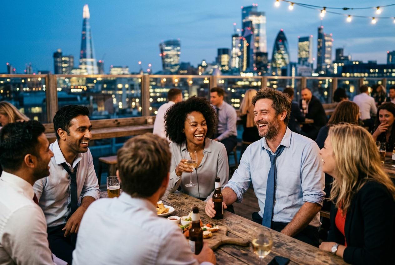 Colleagues at after-work drinks on a rooftop
