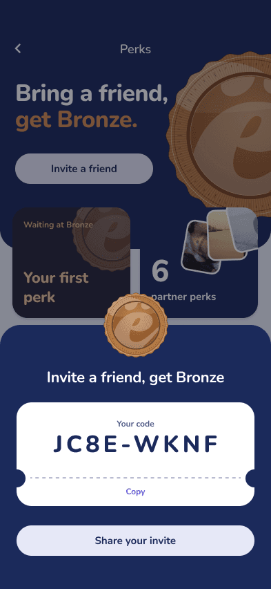 The invite sheet: your code, ready to share